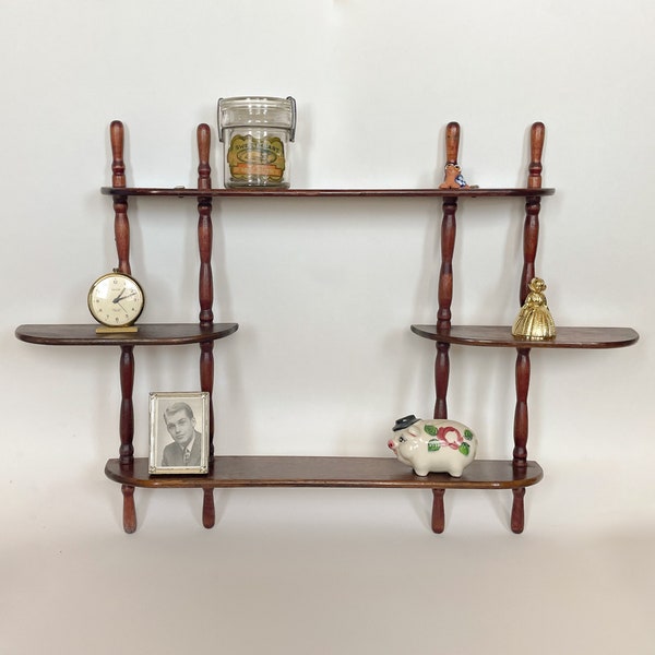 Vtg Wood Trinket Shelf 3 Tiers w/ Carved Spindles Solid Wood Curio Display Shelf