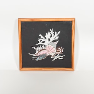 Retro Marine Life Wall Art Hand Embroidered Shell Coral & Starfish Tableau in Wood Frame