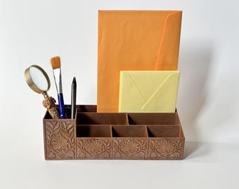 Vtg Desk Organizer Ornate Acrylic Faux Bois Antique Look Floral Stationery Caddy