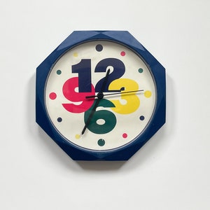 Vtg Wall Clock Colourful w/ Big Numbers Blue Octagonal Frame