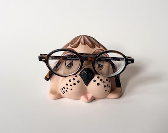 Soporte para gafas con forma de perro vintage, hecho a mano, de cerámica, con forma de busto de cachorro.