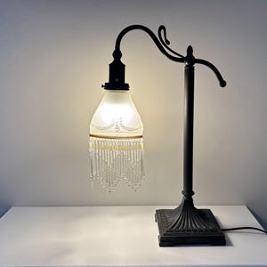 Vtg Art Nouveau Style Accent Lamp Arched Gooseneck Base w/ Glass Shade & Beaded Fringe