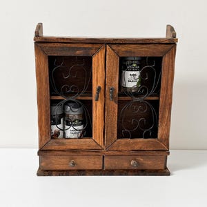 Vtg Wood Spice Rack w/ Openwork Metal Doors & Drawers Wall Mounted Solid Wood Spice Cabinet