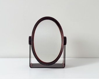 Retro Oval Vanity Mirror Amber Acrylic Double Sided Rotating Mirror w/ Magnification Makeup Mirror on Stand