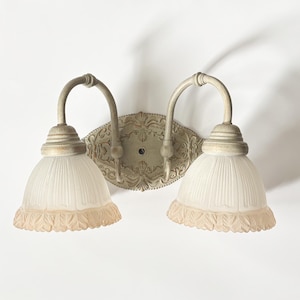 Vtg Ornate Double Wall Sconce - French Country Style Two Light Vanity Lamp - Frosted Ribbed Glass Shades w/ Scalloped Leaf Rim