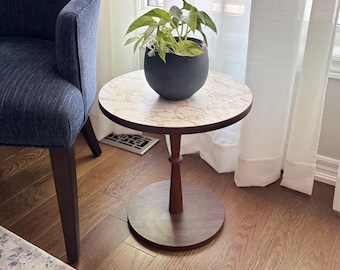 MCM Side Table w/ Faux Marble Top | MidCentury Modern Round Accent Table | Retro Pedestal Drink Table | Wood Finish Round Plant Stand