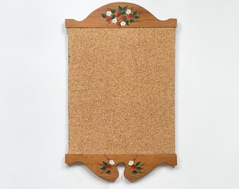 Vtg Wood Cork Board w/ Hand Painted Strawberry & Flower Design