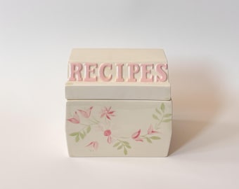 Caja de recetas de cerámica vintage con diseño floral y tarjetero incorporado - Caja de recetas para encimera