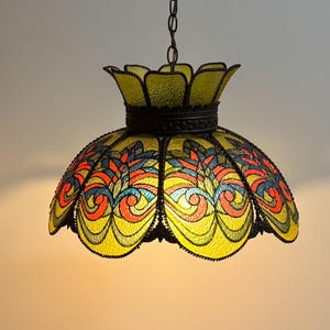 Vtg Glass Pendant Lamp Art Nouveau Style Olive Green Glass & Ornate Underlay Stained Glass Look Tulip Ceiling Lamp w/ Fluted Upper Rim