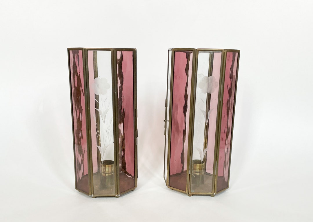Vtg Glass Candle Holders Pink & Clear Paneled Glass Enclosure Etsy