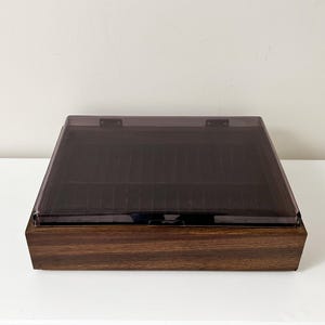 1980s Cassette Tape Storage Record Player Look w/  Woodgrain Base & Transparent Black Lid Holds 32 Tapes