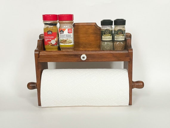 Solid Oak Paper Towel Holder with Spice Rack