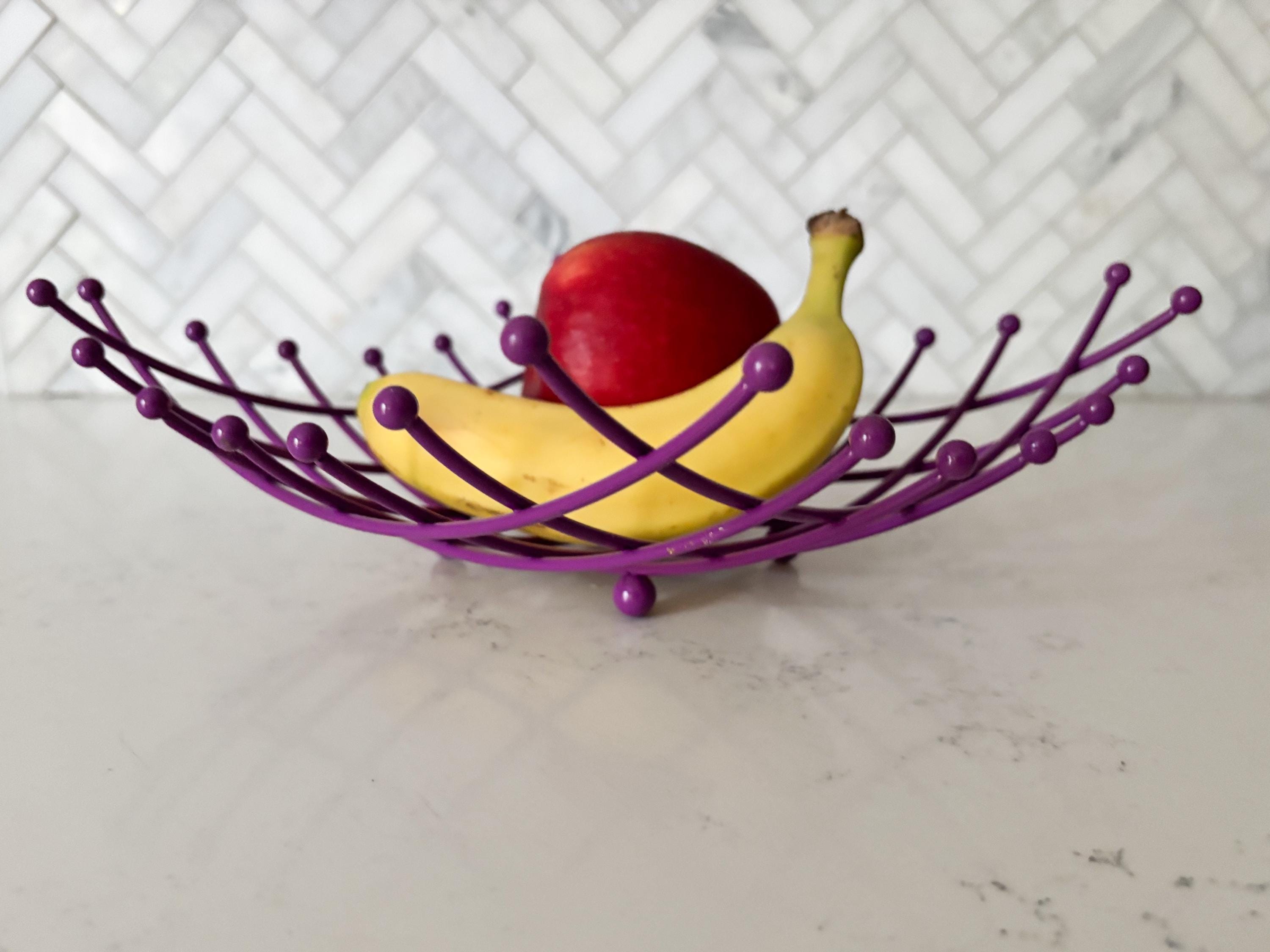 Retro Atomic Purple Fruit Basket Enamelled Metal Grid W/ Ball Feet