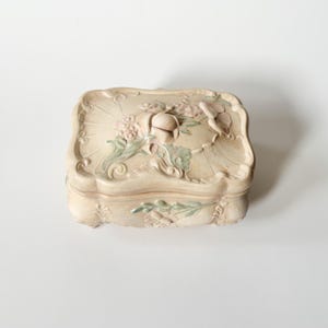 Vtg Porcelain Casket Jewelry Box w/ Raised Hand Painted Floral Design
