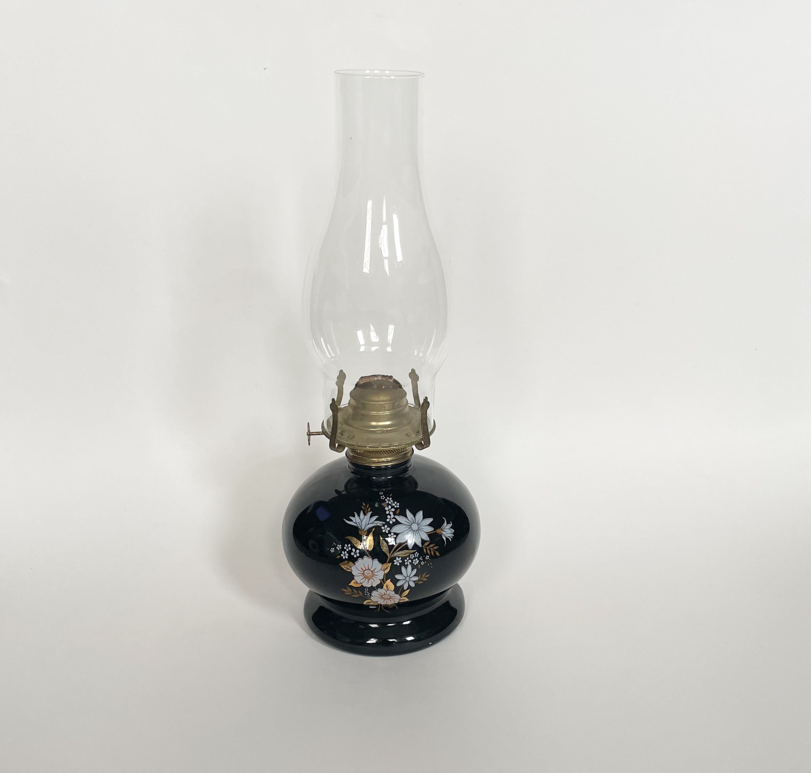 Antique Table Lamp, Upcycled Lamp From a Kerosene Lantern, Red Glass Base,  Amber Globe, Brass Metal Ornate Base, Mid Century, 50s 60s 