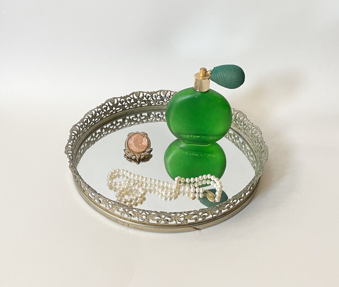 Vtg Mirrored Vanity Tray Round W/ Floral Silver Frame Fancy Etsy