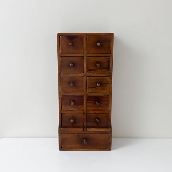 Vintage Apothecary Cabinet Style, Wall Hang or Countertop - 11-Drawers, Early American Style Small Parts/ Jewelry Organizer