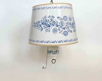 Vtg French Country Pendant Lamp Plug-In w/ Blue Floral Drum Shade & Finial