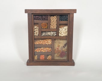 Vtg 22” Wood Curio Display Pre-Filled w/ Dried Flowers, Grains & Beans in Variously Sized Compartments Cute Trinket Display Case