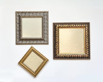 Colección de espejos de pared vintage desiguales, espejos cuadrados medianos con detalles dorados y plateados, juego de 3 piezas para decoración de pared de galería