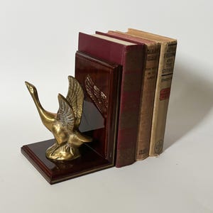Vtg Brass Goose Bookend on Mahogany Wood Mount w/ Full Flying Goose Figurine Single Bookend