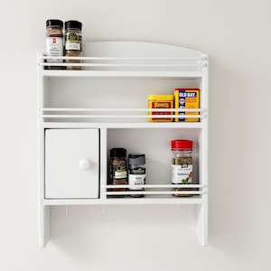 Midcentury Wood Spice Rack White w/ 3 Tiers, Cup Hooks & Small Cupboard Area Wall Mounted Solid Wood Spice Storage Shelf