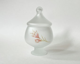 1980s Glass Vanity Jar Pasabahce Turkey by  w/ Pink Flower Design on Frosted Glass Pedestal Shape with Lid