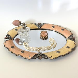 1990s Mirrored Vanity Tray Enamel-Painted Silver Frame in Pink & Cream w/ Raised Rose Medallions Oval Surface and Footed Base