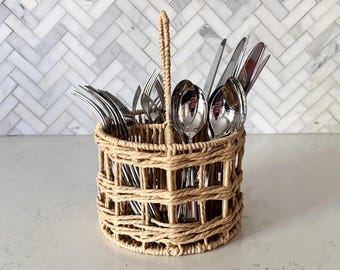 Vtg Cutlery Caddy Basket w/ Handle Divided Decorative Straw Rope Storage Basket