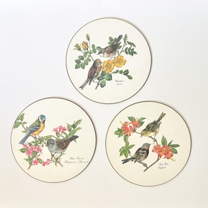 Puede incluir: Tres posavasos circulares con fondo blanco roto, cada uno con ilustraciones botánicas detalladas de aves y flores. Los diseños incluyen etiquetas de texto que identifican las especies, como Whitethroat, Blue Tit y Chaffinch.