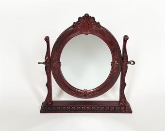 Vtg Vanity Mirror Ornate Mahogany Wood Look Victorian Style Freestanding Swivelling Gold Makeup Mirror