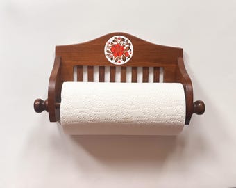 Porte-essuie-tout en bois VTG avec détail de carreaux floraux oranges, distributeur d'essuie-tout mural Cottagecore