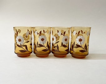 Vtg Amber Floral Juice Glasses w/ Hourglass Shape & Daisy Design by Libbey 4pc Set