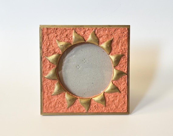 1990s Sunburst Picture Frame w/ Easel Back Terracotta Clay Look New Age Revival Decor