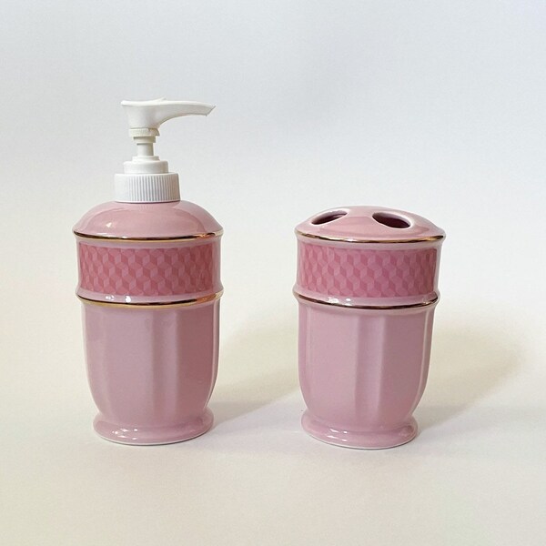 Vtg Pink Bathroom Accessories Soap Dispenser & Toothbrush Holder Ceramic