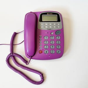 1990s Purple Landline Phone Telephone w/ Digital Display & Grey Dial Retro Corded Touchtone Telephone