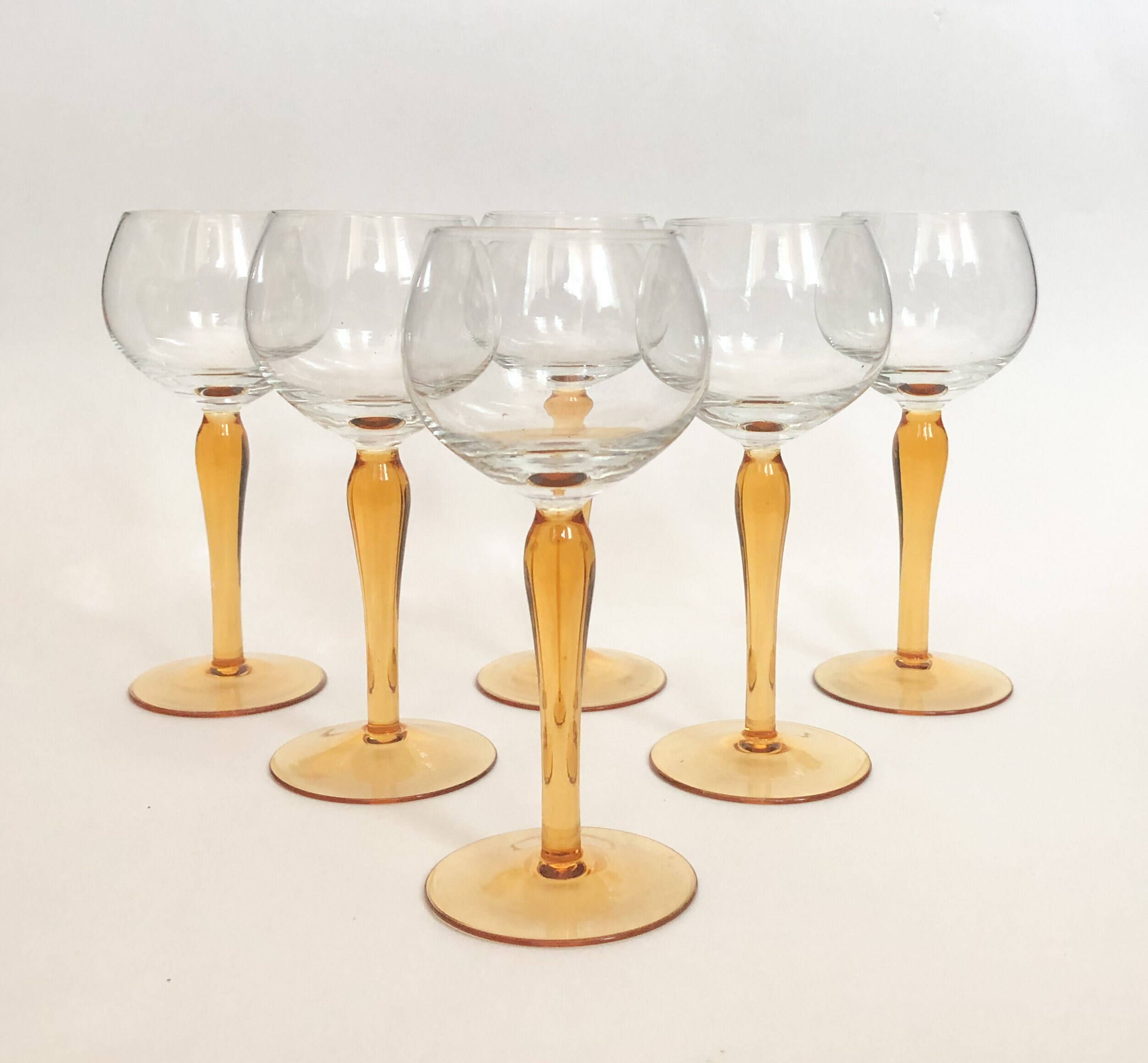 Vtg Amber Stem Wine Glasses Orange Stemware 6pc Set Etsy