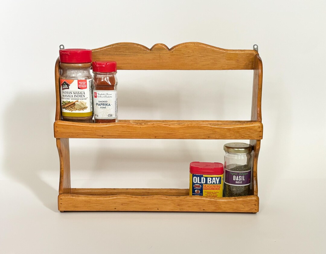Vtg Wood Spice Rack 2-tiers in Honey Oak Stain Wall Mounted Solid Wood ...