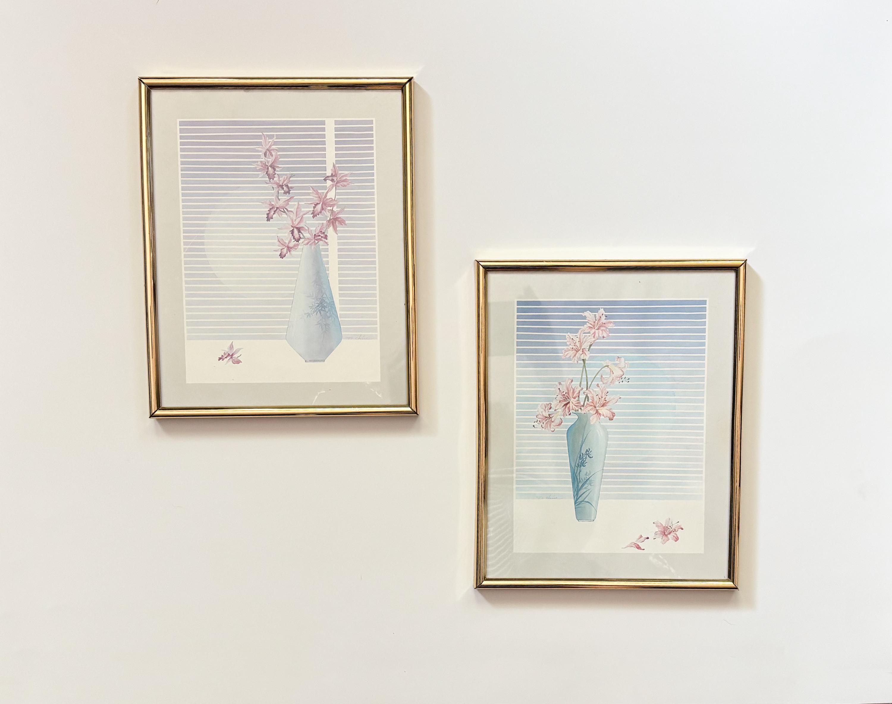 Retro 90s Wall Art Pastel Framed Floral Art Pink Flowers in Blue