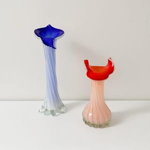 Vtg Art Glass Vases Red & Blue Twisted Blown Glass Bud Vase Set