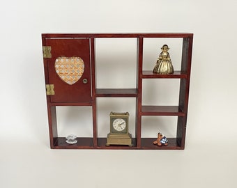 Vtg Wood Trinket Shelf w/ Working Door with Heart Shaped Cutout Compartmentalized Wall Display Case Curio Cabinet