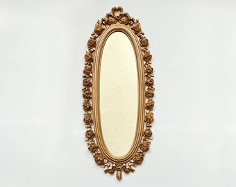 Vtg Ornate Gilded Wall Mirror Floral Carved Wood Look Golden Oval Accent Coppercraft Mirror