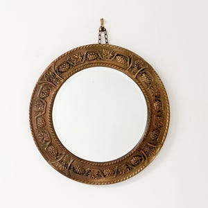 Vtg Brass Repoussé Wall Mirror w/ Grapevine Design, Round Embossed Gold Accent Mirror