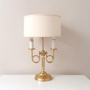 Vtg Brass Bouillotte Style Table Lamp w/ Brass & Coiled + Gold Black Shade Refined Desk Lamp