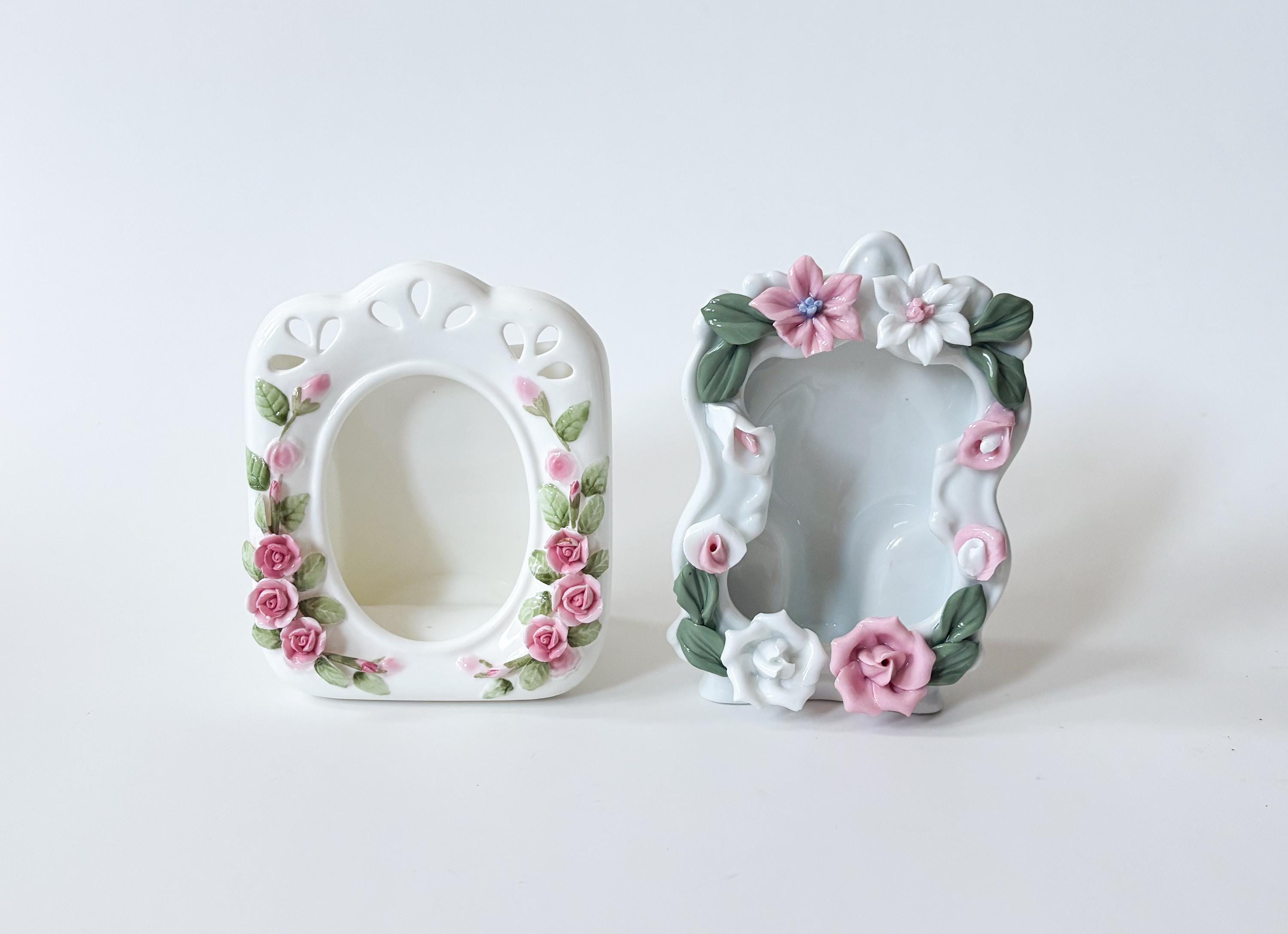Plaque Murale Vintage Capodimonte – Roses En Céramique – Cadre Bois – Fabriqué En Italie