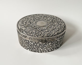 Vtg Ornate Silver Jewelry Box w/ Red Velvet Lining