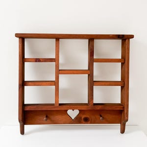 Vtg Wood Trinket Shelf w/ Heart Cutout & 2 Peg Hooks Solid Wood Compartmentalized Wall Display Case Curio Cabinet