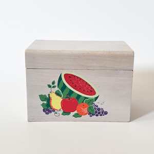 Vtg Wood Recipe Box w/ Cute Fruit Illustration Countertop Solid Wood Box