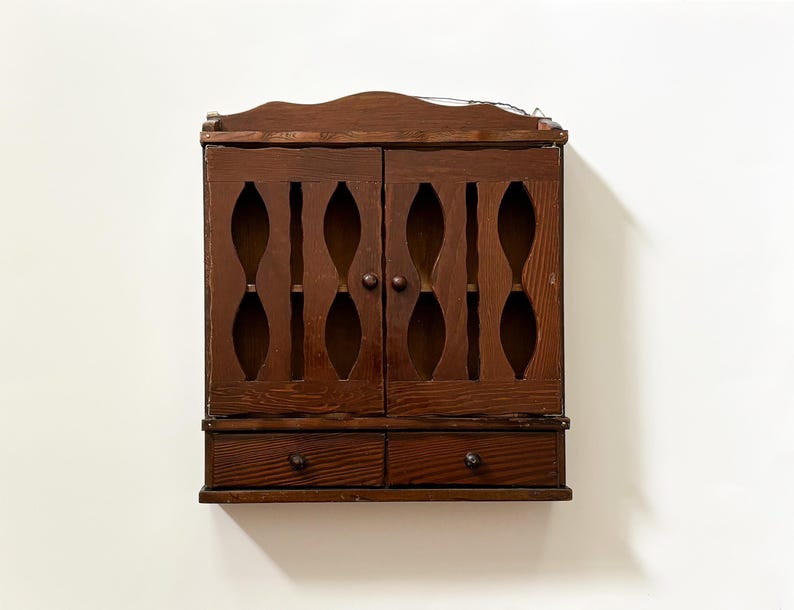 Vtg Wood Spice Cabinet Wall Mounted Solid Wood w/ Drawers & Openwork Double Doors