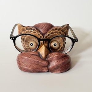 Vtg Owl Eyeglass Stand Hand Made Plaster Rooster or Owl Bust Glasses Storage